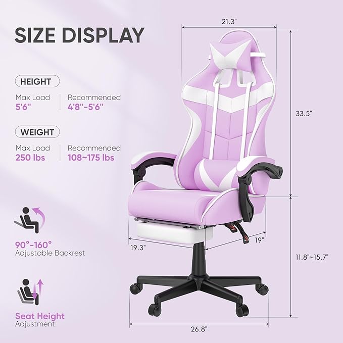Huracan Gaming Computer Chair with Footrest Adjustable Video Game Chairs for Adults Heavy Duty Office Chair with Headrest and Lumbar Support Light Purple