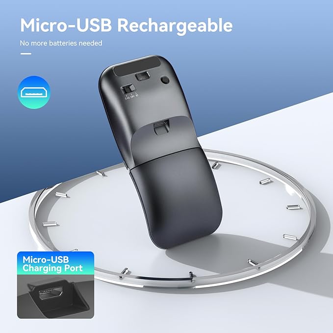 Bluetooth Wireless Arc Travel Mouse Dual Model (2.4G+BT5.1) Rotating Foldable Mouse for Microsoft Rechargeable Slim Portable Mice for Laptop Notebook PC MacBook Chromebook Lenovo - Black