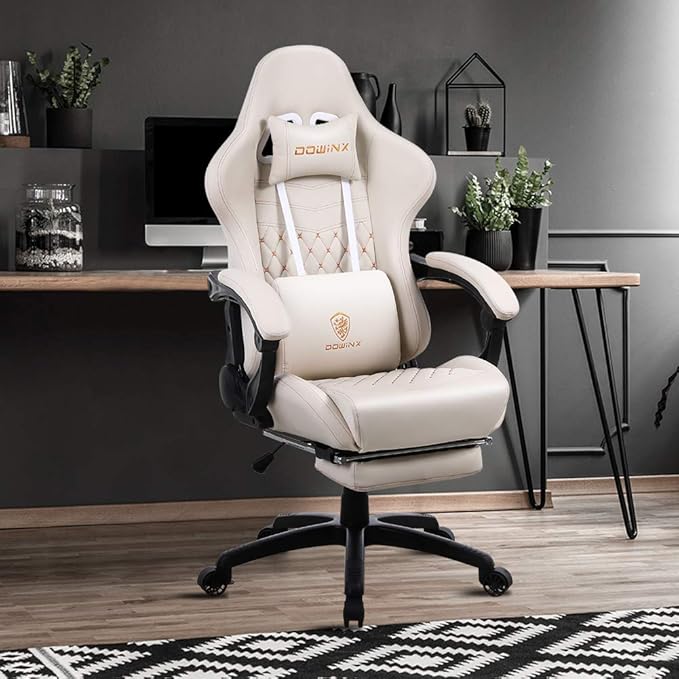 Dowinx Gaming Chair Big and Tall Ergonomic Game Chair for Adults with Footrest and Massage Lumbar Support High Back Computer Gamer Chair PU Leather 350Lbs for Office Home Ivory