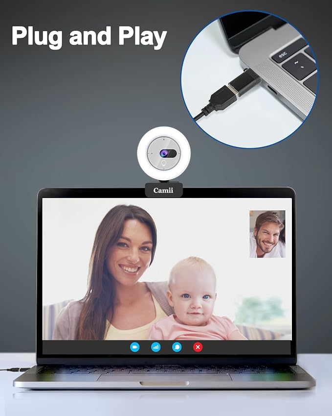 Camii 2K Webcam with Light HD Webcam for PC with Built-in Privacy Cover Adjustable Brightness Noise Reduction Mics for Zoom Skype Teams Laptop and Google Meet