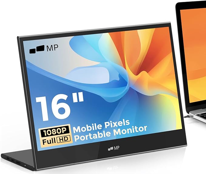 Mobile Pixels Glance Portable Monitor 16 FHD 1080P Monitor Travel Monitors with Dual Speakers Tilt Adjustment &amp Non-Slip HDMI USB C Plug &amp Play Extra Monitors for Laptop macOS Windows