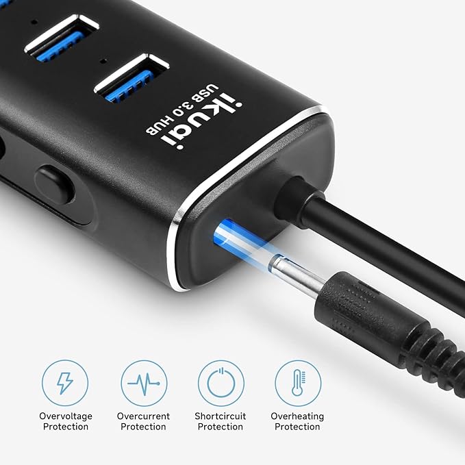 Powered USB 3.0 /USB C Hub ikuai Aluminium 7-Port USB Hub Splitter with AC Adapter LED Individual On/Off Switches and 3.3ft Extended Long Cable for Laptop Mac PC Flash Drive Mobile HDD