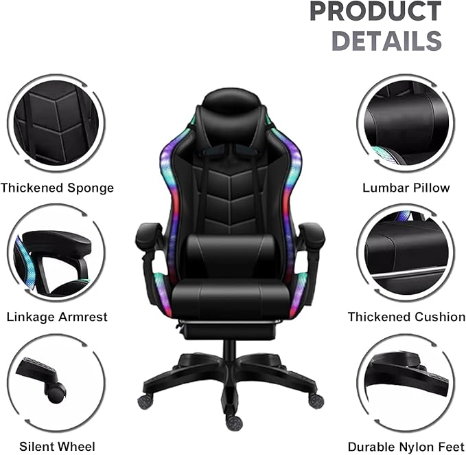 XOOFMASS Massage Gaming Chair with Speakers RGB Lights LED Music Video Game Chair Ergonomic PU Leather High Back Computer Chair Reclining Chair with Retractable FootrestWhite