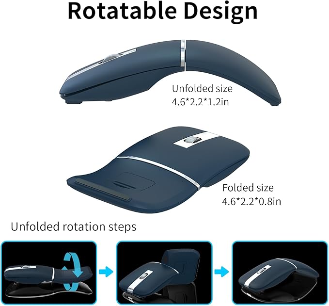 Bluetooth Arc Travel Mouse - BT &amp USB Wireless Dual Mode Rechargeable Slim Rotatable Portable 3-Speed DPI Silent Computer Mouse for Microsoft Laptop PC Chromebook Tablet - Sapphire Blue