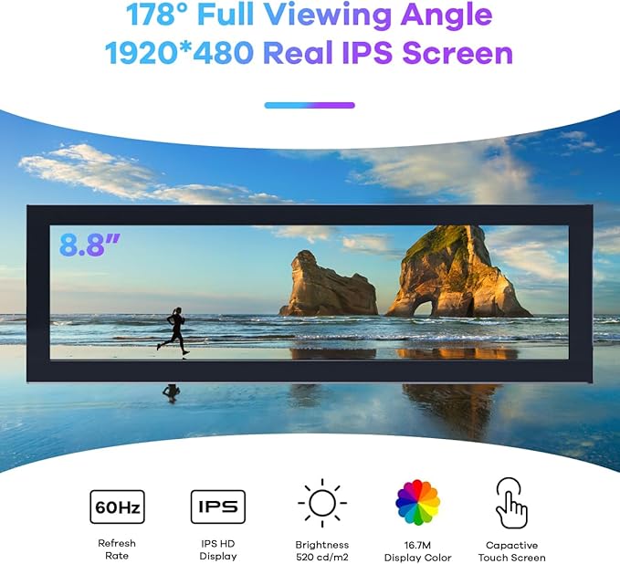 8.8 Inch Touchscreen Computer Secondary Screen 1920x480 FHD IPS LCD Display for PC Case AIDA64 CPU GPU Temperature Monitor for Raspberry Pi