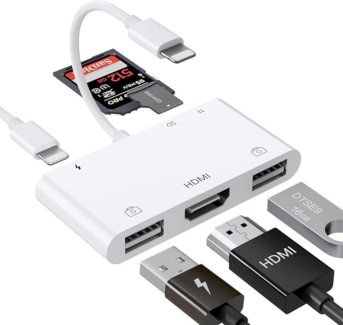 Lightning to HDMI Adapter with USB Camera and Charging Port SD Card Reader for iPhone 6 in 1 Camera Adapter to iPhone Supports MIDI Keyboard Mouse HD TV/Projector/Monitor Plug &amp Play