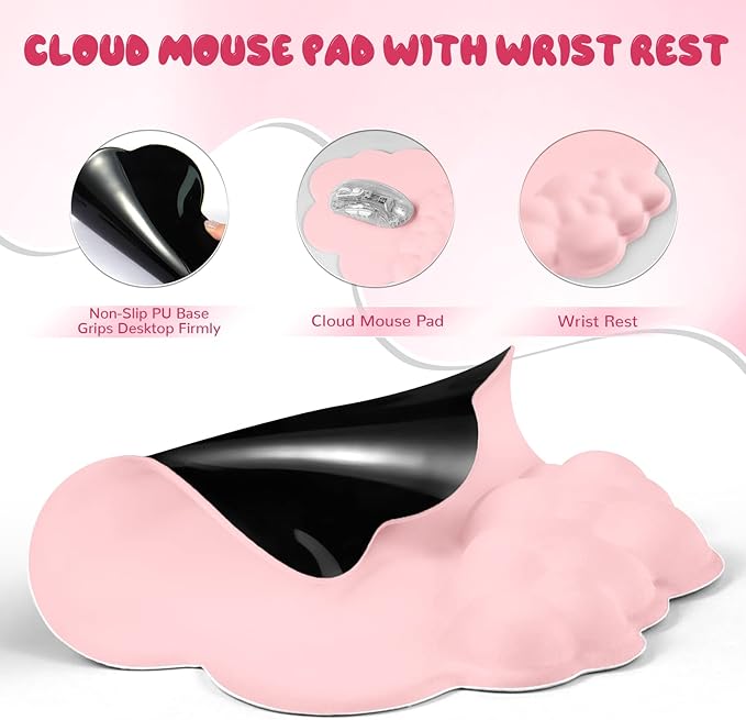 5 in1 Cloud Mouse PadKeyboard Wrist RestMouse Wrist Rest SupportMouse Pad Wirst Rest and Leather Coaster Set with Office Desk MatMemory Foam Ergonomic Easy Typing Pain Relief for Office and Home