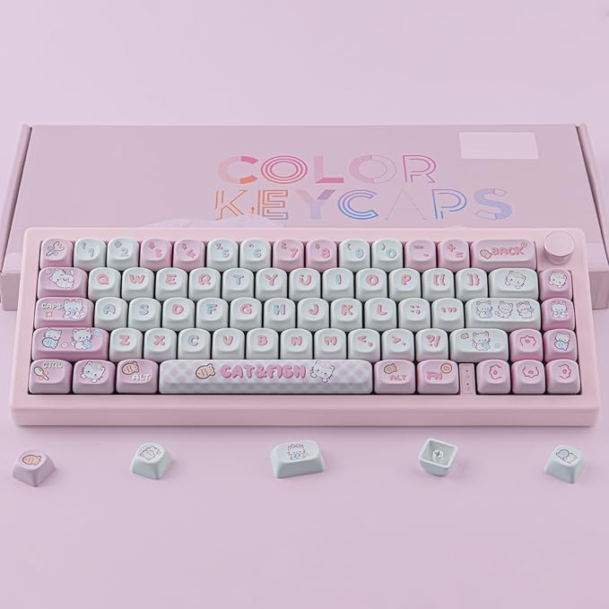 PBT Cute Kitty-cat Keycaps Set 140 Keys Dye-Sublimation MOA Profile Keycaps for Cherry Gateron MX Swithes Mechanical Keyboards