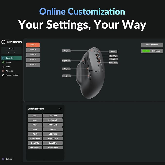 Keychron M7 8K Wireless Mouse 30K DPI Optical Computer Mice 2.4 GHz/Bluetooth/Wired with Macro Button 66g Lightweight Ergonomic Up to 140 Hours Worktime for Laptop macOS/Windows - Black