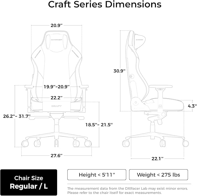 DXRacer Craft L Video Gaming Chair for Adults Ergonomic Office Reclining Computer Chair with Magnetic Head Pillow and Lumbar Support Racing Style Height Adjustable (Woven Fabric Gray)
