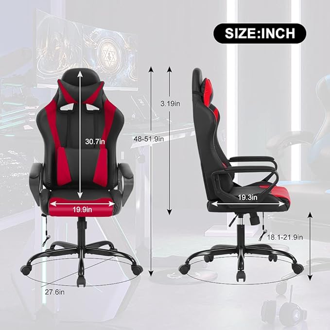 PC Gaming Chair Office Chair Racing Desk Chair with Lumbar Support Arms Headrest Massage High Back PU Leather Ergonomic Computer Chair Rolling Adjustable Swivel Chair for Women Men Adult Red