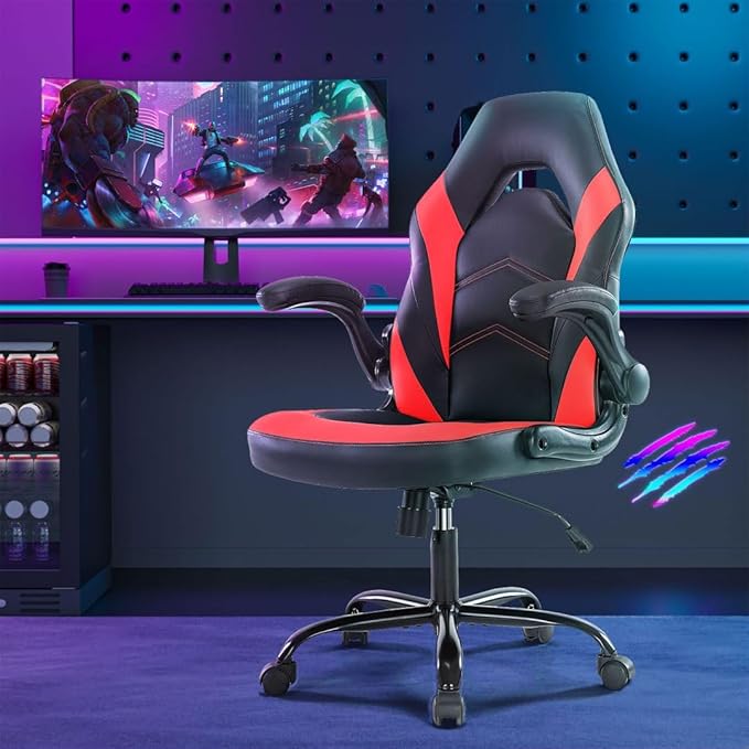 Heavy Duty Gaming Chair Ergonomic Gamer for Home Office with Lumbar Support Adjustable Backrest Flip-Up Armrest and Stable 360° Swivel Wheels for Adults Professional Gamers and Teens Black-Red