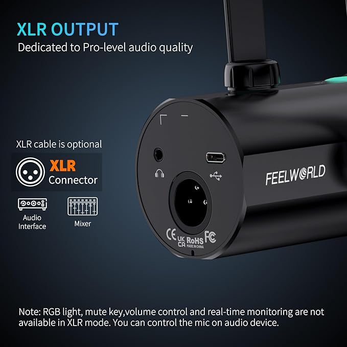 FEELWORLD PM1 XLR USB Dynamic Microphone with Desktop Stand Gifts for Podcast Recording PC Computer Gaming Live Streaming Vocal Voice-Over Studio Metal Mic RGB Light Mute Button Headphones Jack