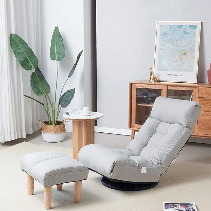 Lazy Sofa with Footstool Swivel Tatami Reclining Chair Comfortable Gaming Chair with Adjustable Headrest Backrest Floor Chair for Gaming Reading and Relaxing