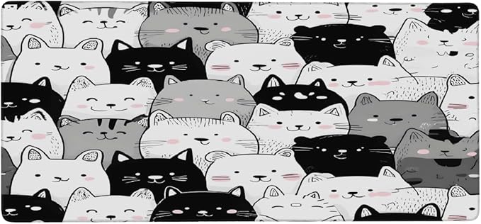 Large Black White Cat Mouse Mat Computer Mousepad with Non-Slip Rubber Base Waterproof Mouse Pad Desktop Keyboard Pad for GamerHome School Laptop Office Accessories16x35.5in
