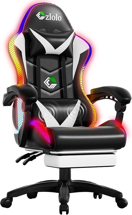Gaming Chair Racing Style RGB LED Lights Gaming Chairs for Adults and Kids Lumbar Massager Gamer Chair High Back Reclining Computer Chair with Footrest and Headrest (Black/White)
