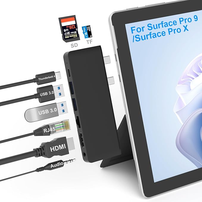 Surface Pro 9/Pro 11 Hub Docking Station with 4K HDMI Thunerbolt 4(8K Video+40Gbps+100W Power) 100M Ethernet USB3.0 SD TF Card Slot 3.5mm Audio Triple Display for Surface Pro 9/Pro X Accessories