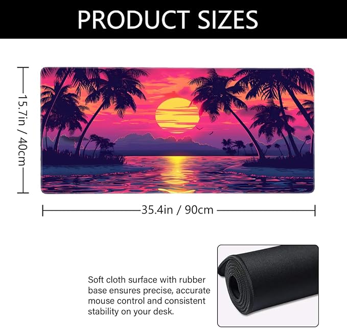 Sunset Beach Palm Large Mouse Pad Gaming Mousepad Desk Mat for Desktop Computer Keyboard Waterproof Mouse Mat Desk Pad with Non-Slip Base for Game School Office Home 35.4 x 15.7