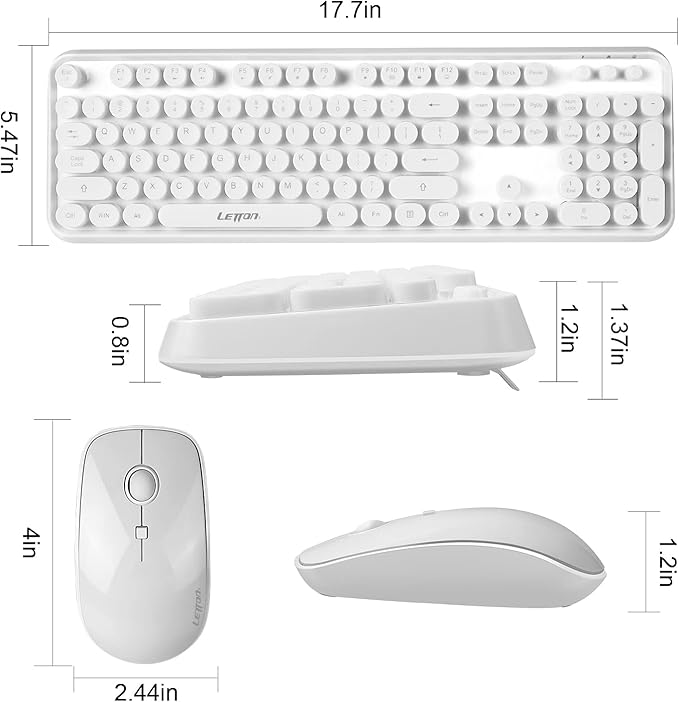 White Retro Typewriter Keyboard and Mouse Wireless Combo Cute Wireless Keyboard with Retro Round Keycaps2.4Ghz Full Szie Creamy Clicky &amp Satisfying Typing Keyboard&amp3 DPI Mouse for PC Laptop