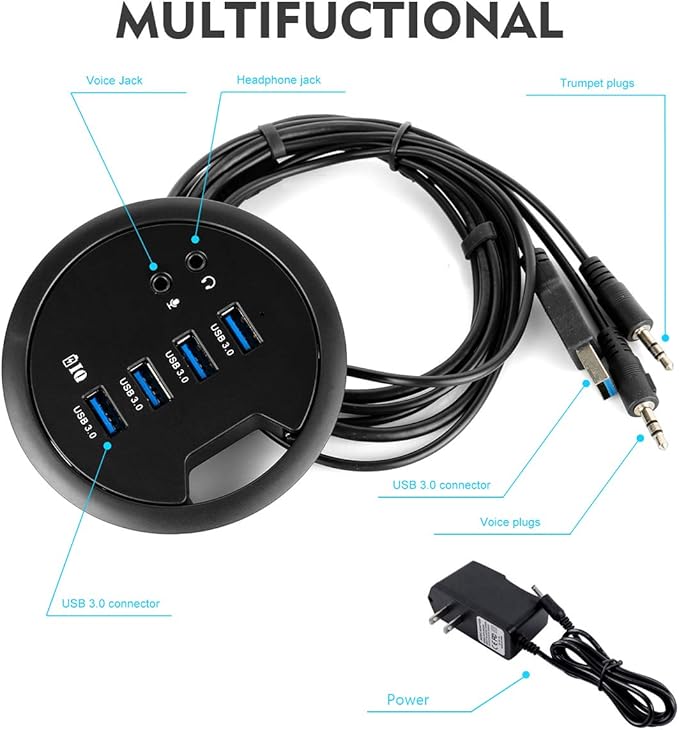 WDX Desk-Fit (Diameter 3.14 or 80MM) 4 Port USB 3.0 Hub with 3.5mm Audio Mic Phone Jack/BC 1.2 USB Charger 5V/2A Power Adapter for iPhone/Smart Phones(usb3.0 4 Port)(AC Power Supply Included)