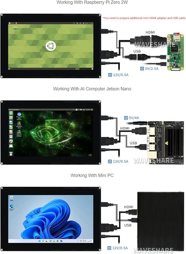 waveshare 10.1inch Capacitive Touch Screen LCD with Case Compatible with Raspberry Raspberry Pi 5/4B/3B/Zero/Zero W/Zero 2W/Pico/Pico W/Pico WH 1024×600 Resolution HDMI Supports Jetson Nano/Windows