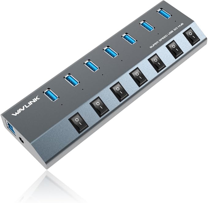 USB Hub 3.0 WAVLINK 7 Port Powered USB 3.0 hub 48W Charging 5V/2.4A Each Ports with Individual Switches LED Indicator USB Extension for Laptop MacBook iMac PC USB Flash Drives