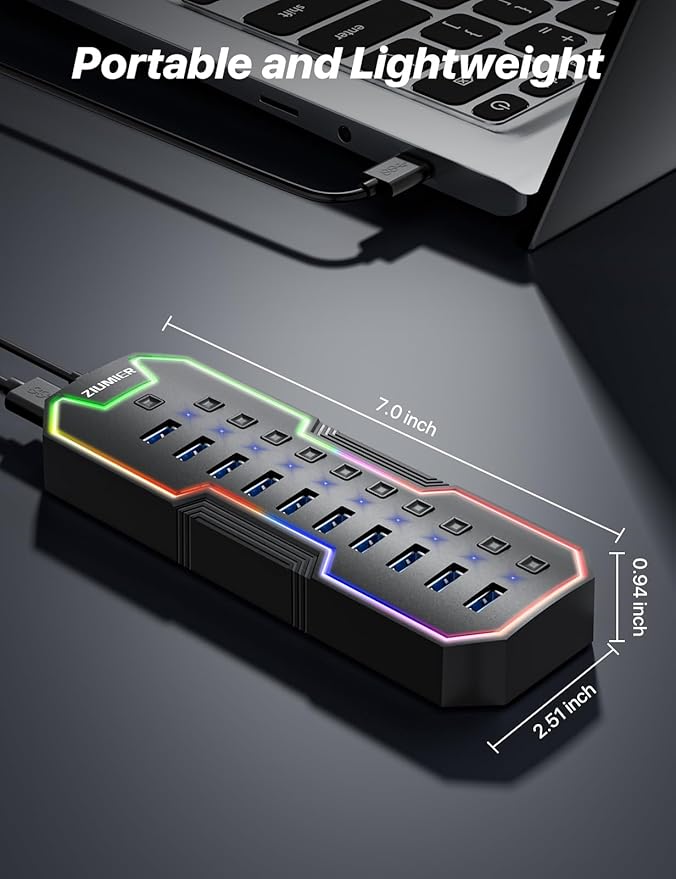 ZIUMIER Powered USB Hub 10 Ports USB 3.0 Hub with RGB LED Strip and 12V/2A Power Adapter USB ExtensionIndividual LED On/Off Switches for Mac PC Desktop Flash Drive Mobile HDD
