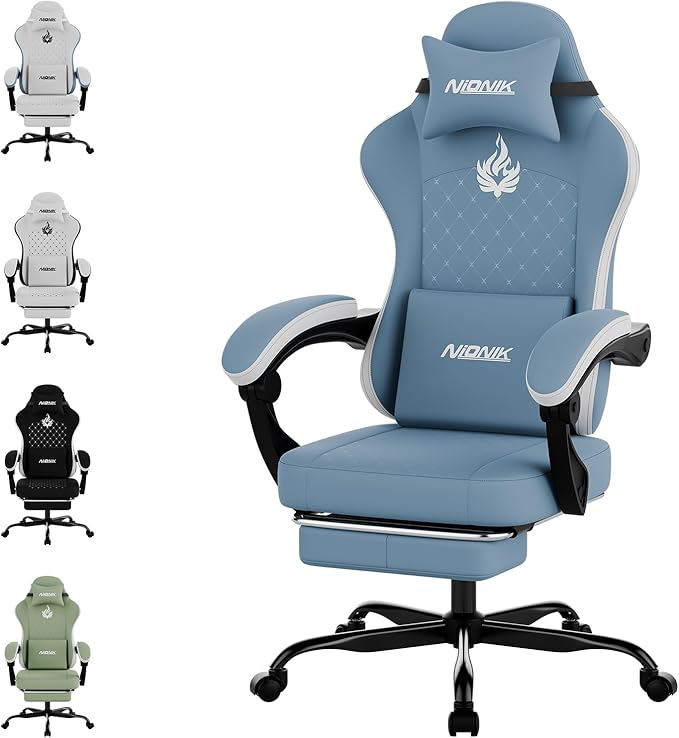 Gaming Chair with MassageErgonomic PC Gaming Chair Computer Chairs with Footrest Comfortable Headrest and Lumbar Support High Back BLUENWHITE