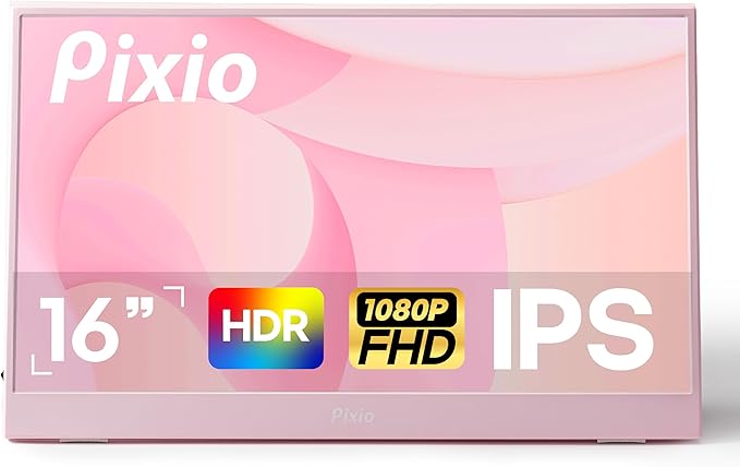 Pixio PX160 Wave Pink Portable Monitor 15.6 inch 60Hz FHD 1080p IPS Panel HDR Screen Cover Stand USB-C HDMI Laptop Screen Extender Portable Monitor for Laptop PC Console Phone