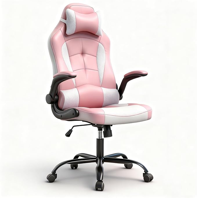 Pink Gaming Desk Chair PC Gaming Chair Gamer Chair Comftorable Ergonomic PU Leather Computer Office Chair with Lumbar Support Flip Up Arms High Back Executive Gaming Stuff for Girl Kids Adults