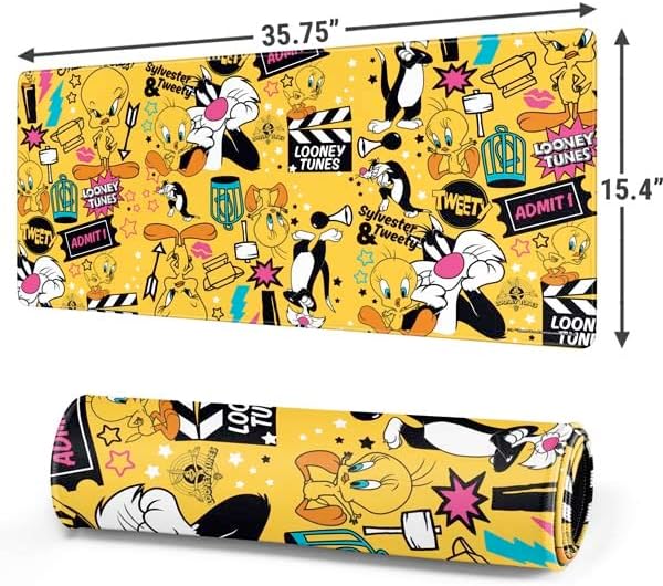Skinit Extra Large Gaming Mouse Pad - Officially Licensed Looney Tunes Tweety and Sylvester Patches Design with Stitched Edges Waterproof Non-Slip Rubber Base Desk Mat for Keyboard &amp Mouse