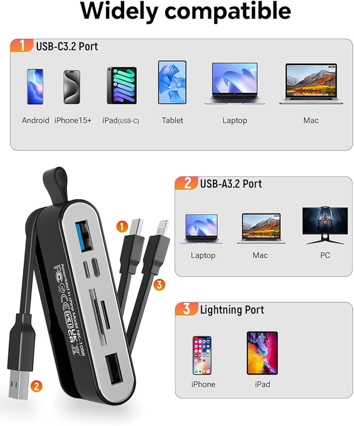 Memory Card Reader 6-in-1 SD Card Reader &amp USB OTG Adapter for iPhone/iPad USB-C and USB-A Devices with Micro SD &amp SD Card Slots Supports SDHC/SDXC/MMC