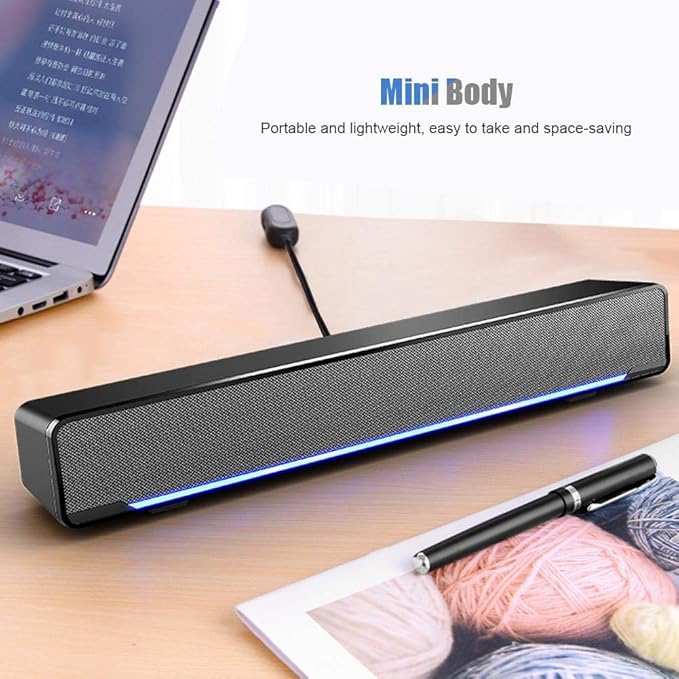 Bewinner USB Wired Soundbar 3.5mm Stereo Soundbar Music Player Bass Surround Sound Box for Desktop Laptop TV Smartphone Tablet PC MP3 MP4 Portable Subwoofer Home Audio Speakers(Black)
