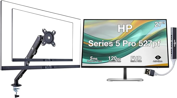 HP Series 5 Pro 527pf 27 FHD IPS Monitor with 5ms Response Time Anti Glare Flicker Free 350 Nits VESA Mount (100mm) Displayport HDMI Black (B28F5UT#ABA) w/DKZ Hub &amp ErgoFlexy Single Mount A