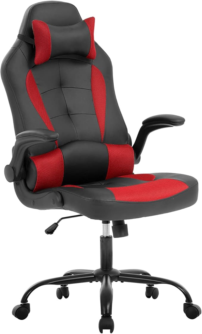 Gaming Chairs for Adults PU Leather Swivel Rolling Adjustable Game Chair with Lumbar Support Flip Up Arms Headrest for Adults Women Men Video Game Chairs Ergonomic Gaming Chair