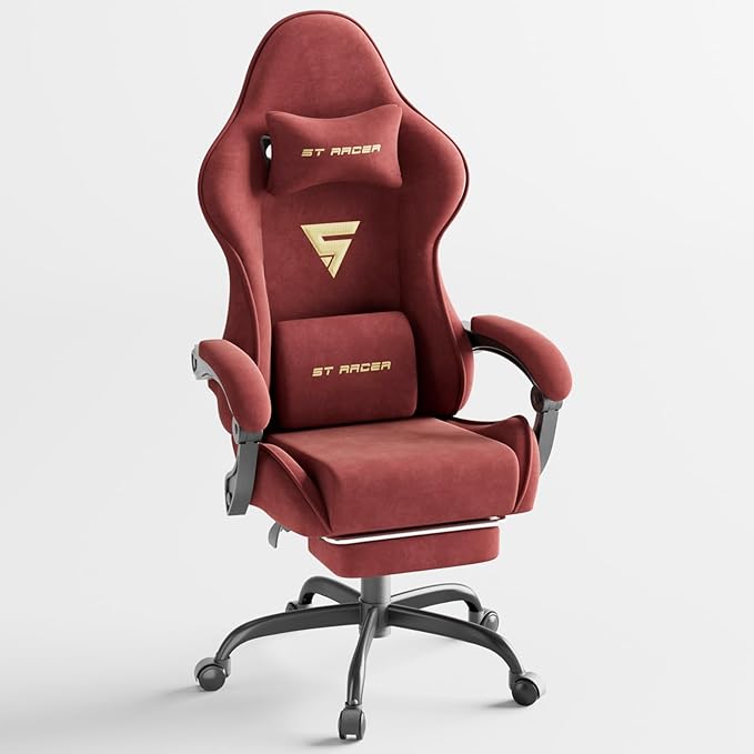 Huracan Velvet Fabric Gaming Chair with Footrest for Adults Ergonomic Gaming Chairs with Massage Lumbar Reclining Racing Computer Chair with Spring Cushion for Home Office Video Game Red