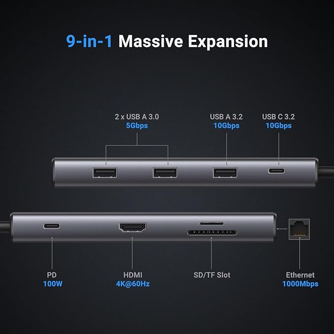 UGREEN Revodok Pro 109 USB C Hub 9 in 1 10Gbps USB C 3.2 &amp USBA 3.2 4K HDMI 100W Power Delivery SD/TF Card Reader Gigabit Ethernet for MacBook Pro/Air iPhone 16 15 Pro/Max Thinkpad and More