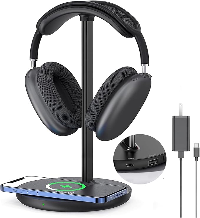 Miroddi Headphone Stand with Wireless Charger Independent USB Charging Port 5 in 1 Charging Station Headset Holder Rack for AirPods Max/Pro/4/3/2 iWatch iPhone Samsung and Desk Headphones Black