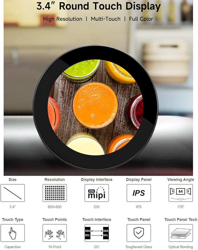 waveshare 3.4inch DSI Round Touch Display 800 x 800 IPS Screen 170° Viewing Angle for Raspberry Pi 4B/3B+/3A+ Compute Module 4/3+/3