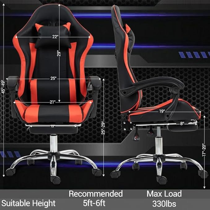 Massage Gaming Chair with FootrestErgonomic Video Game Chair for Adults Kids Adjustable Headrest &amp Lumbar Support 90-135° Recline 360° Swivel for Gaming Room Home Office Bedroom Red