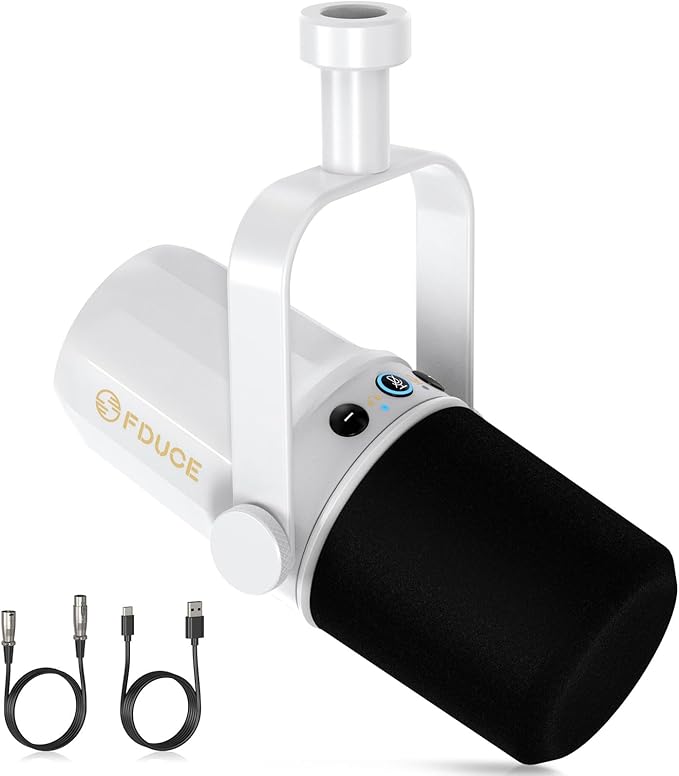 FDUCE SL40 Dynamic Microphone for Podcasting Gaming Live Streaming and Recording Built-in Headphone Output LED Mute Button All-Metal USB/XLR Voice Isolation Technology (White)