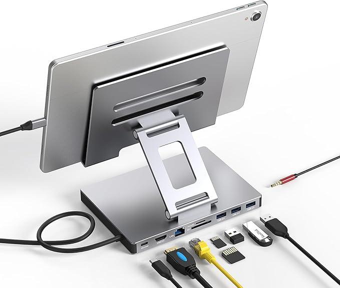 Aluminum Stand with 9-in-1 Type C Dock100W PD4K HDMI Foldable for iPad Pro/Air All-in-One Docking Station &amp Adjustable Holder USB 3.0/Ethernet/SD Reader