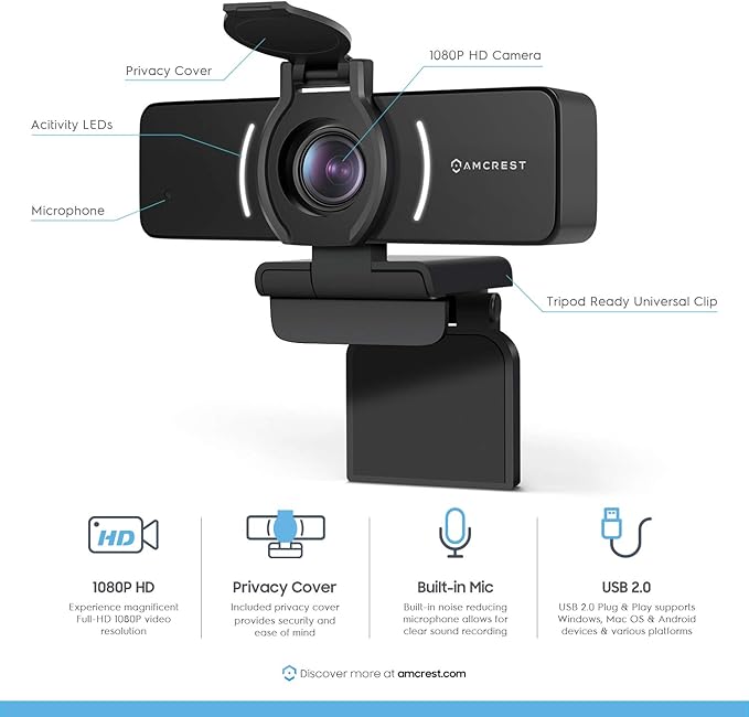 Amcrest 1080P Webcam with Microphone &amp Privacy Cover Web Cam USB Camera Computer HD Streaming Webcam for PC Desktop &amp Laptop w/Mic Wide Angle Lens &amp Large Sensor for Superior Low Light