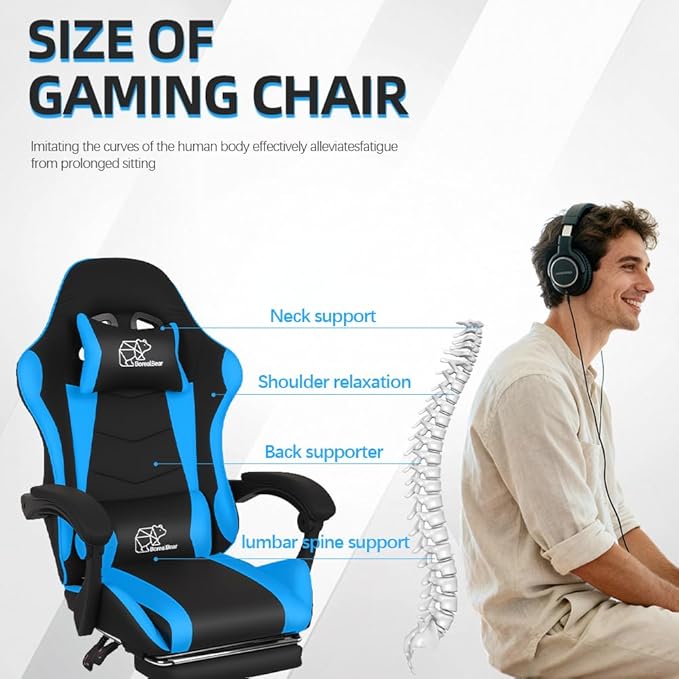 BorealBear Gaming Chair Office Chair Reclining High-Back PU Leather Computer Desk Chair with Headrest and Lumbar Support Suitable for Gaming Chairs Office Storage Office Shelving and More（Blue）