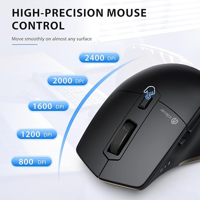 iClever Wireless Mouse with Bluetooth or USB Receiver 5 Adjustable 2400DPI Rechargeable Computer Mice Wireless Mouse for Laptop iPad MacBook Tablet PC