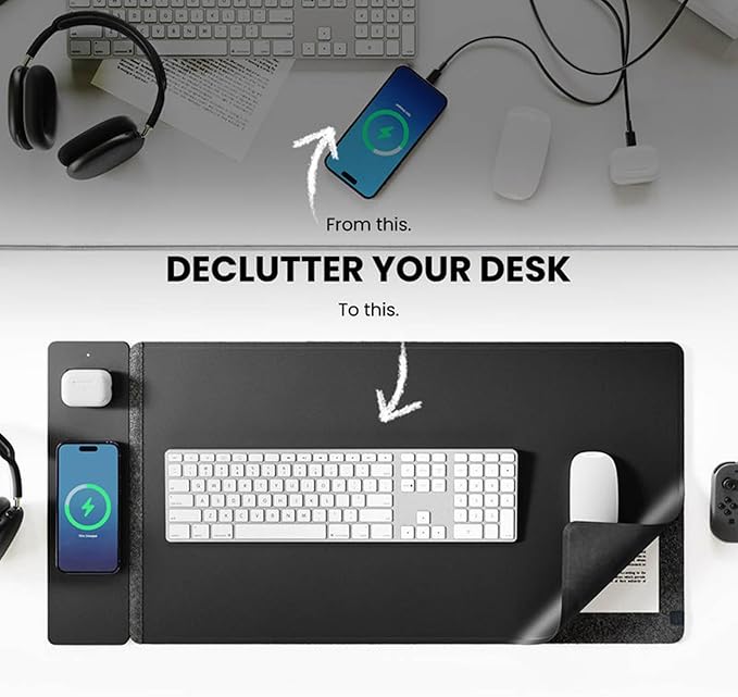 3 in 1 Wireless Charging Mouse Pad 15W Fast Charge Extended Gaming Desk Mat (78x37cm) for Keyboard and Mouse Waterproof Non-Slip Rubber Base Workstation Pad Compatible with Phone and Earbuds Black