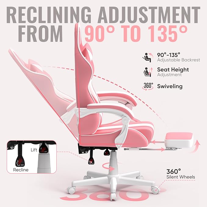 Ferghana Gaming Chairs Ergonomic Racing Style PC Game Computer Chair with Headrest Lumbar Support Adjustable Recliner PU Leather Video Computer Chair(Pink)