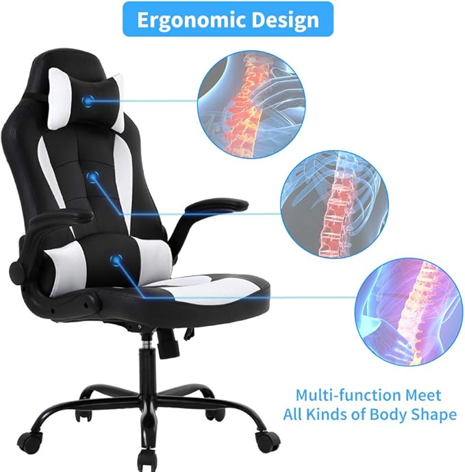 Office Chair PU Leather Desk Gaming Chair High Back Racing Height Adjustable Computer Chair with Back Lumbar Support and Removable Headrest Executive Swivel Chair Flip-Up Armrest Task Chair- White