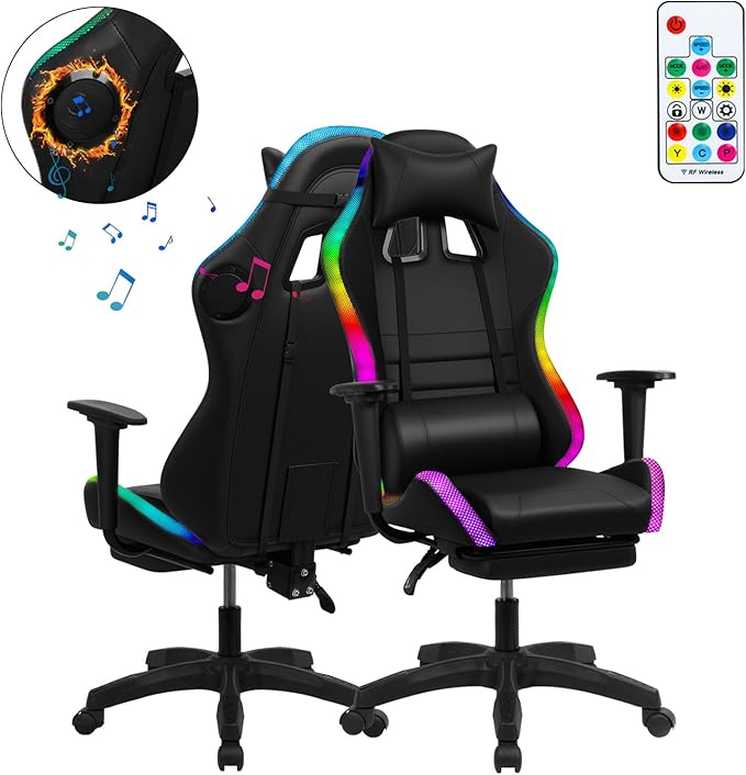 Gaming Chair with Built-in Speakers Ergonomic High Back Office Gaming Chair Massage Lumbar Support LED Lights Retractable Footrest (Colorful Side)