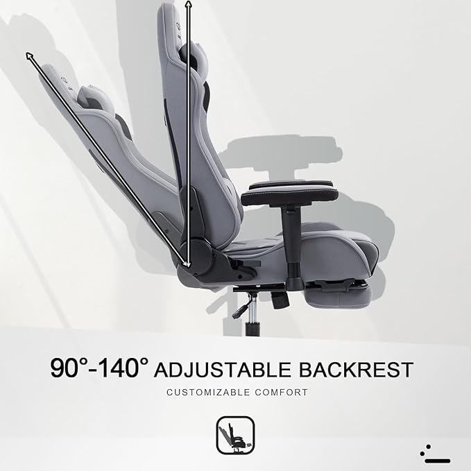 Gaming Chair Video Game Chair with Retractable Footrest and Lumbar Support High Back Ergonomic Computer Chair Adjustbale Height Backrest 4D Armrest (Grey)